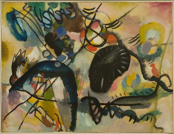Vasilii Kandinsky (Moscow 1866–Neuilly-sur-Seine 1944), Black Spot, 1912, oil on canvas; 101 x 131 cm. St. Petersburg, State Russian Museum, inv. ZhB-1323  Vasilii Kandinsky (Moscow 1866–Neuilly-sur-Seine 1944), Black Spot, 1912, oil on canvas; 101 x 131 cm. St. Petersburg, State Russian Museum, inv. ZhB-1323