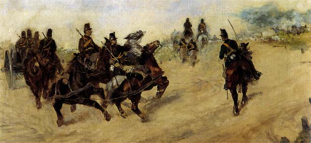 Giovanni Fattori (Livorno, 1825 – Firenze, 1908)  Manovre d’artiglieria, 1880 circa. olio su tela, 30,5 x 59,5 cm. Firmato in basso a destra: 'Gio Fattori'.  Bottegantica, Bologna.