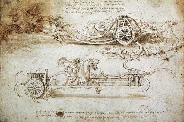 LEONARDO DA VINCI, Studi di carri d’assalto falcati, 1482-1485 circa