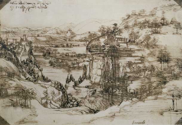 LEONARDO DA VINCI, Studio di paesaggio, datato 15 agosto 1473