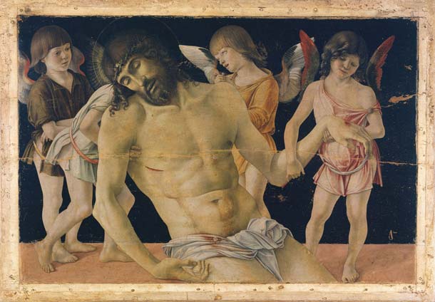GIOVANNI BELLINI Cristo in pietà sorretto da quattro angeli (1470 ca.) tempera e olio su tavola, trasportata su tela e fissata su supporto di vetroresina e alluminio Rimini, Museo della Città  GIOVANNI BELLINI Cristo in pietà sorretto da quattro angeli (1470 ca.) tempera e olio su tavola, trasportata su tela e fissata su supporto di vetroresina e alluminio Rimini, Museo della Città