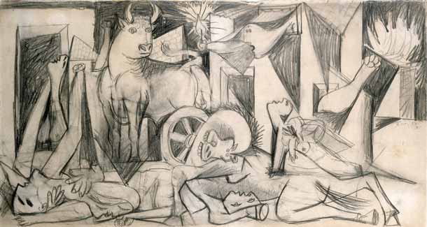Pablo Picasso (Malaga 1881-Mougins 1973) Studio per la composizione di “Guernica” (VII) 9 maggio 1937, matita su carta, mm 240 x 453. Collezione del Museo Nacional Centro de Arte Reina Sofía, Madrid, Legato Picasso, 1981, DE00120 Pablo Picasso (Malaga 1881-Mougins 1973) Studio per la composizione di “Guernica” (VII) 9 maggio 1937, matita su carta, mm 240 x 453. Collezione del Museo Nacional Centro de Arte Reina Sofía, Madrid, Legato Picasso, 1981, DE00120