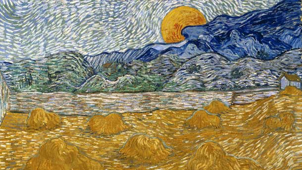 Van Gogh, Paesaggio con covoni di grano e luna che sorge Van Gogh, Paesaggio con covoni di grano e luna che sorge