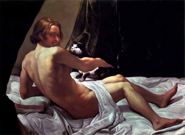 Giovanni Lanfranco, Giovane nudo sul letto con un gatto Giovanni Lanfranco, Giovane nudo sul letto con un gatto